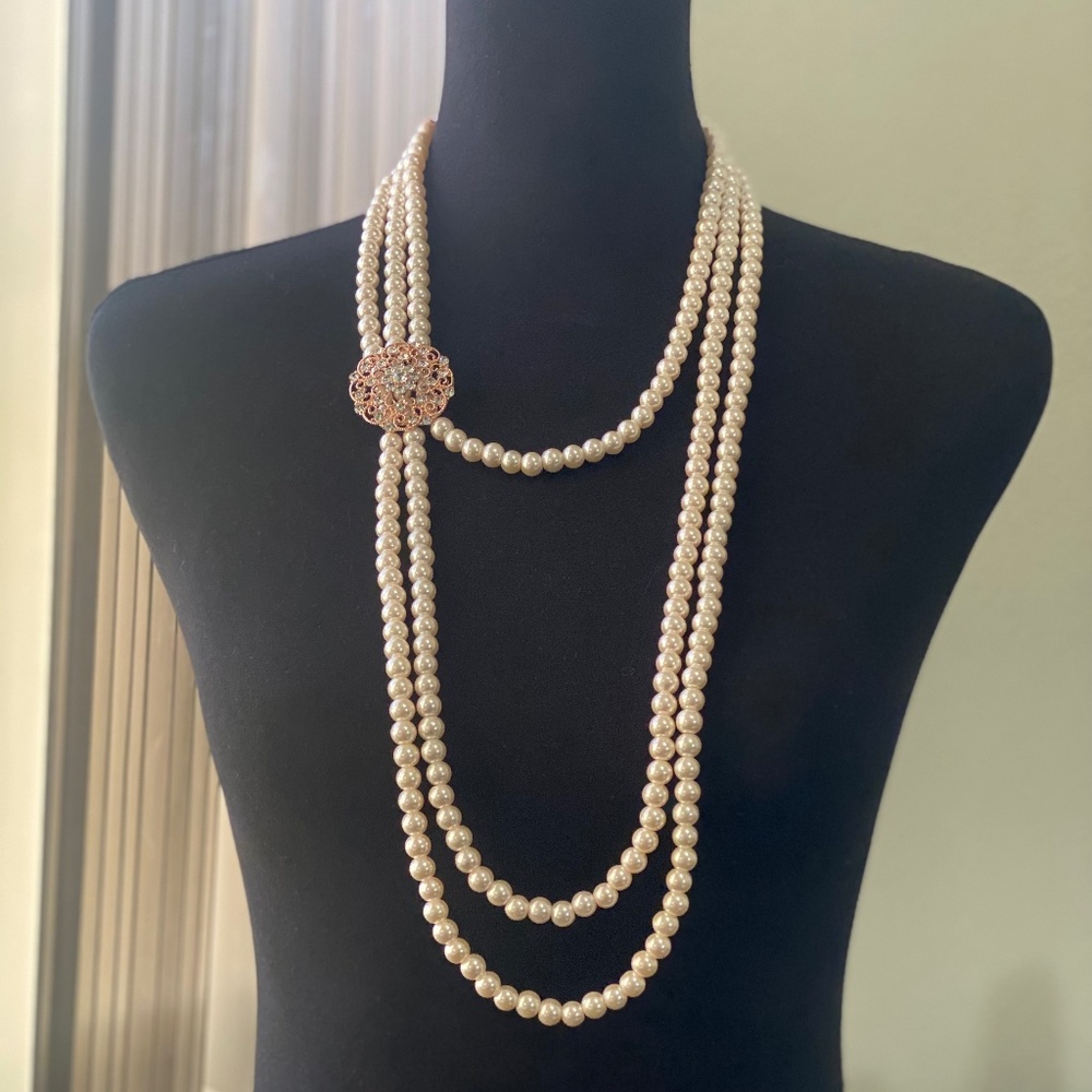 3 Tier Pearl Necklace w/ Brooch and  earrings - New w/o Tags